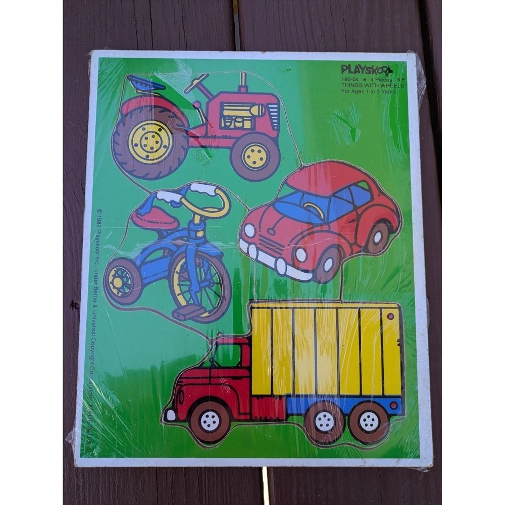 Vintage 1982 Playskool Things with Wheels Wooden 4 Piece Puzzle